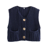 Purpdrank  Button Casual Retro Cropped Sweater Vest Women 2025 Summer Fall Fashion V-Neck Sleeveless Coarse Yarn Knitted Tops Female Jumper