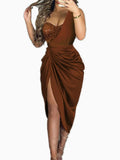 Purpdrank  Women Sexy Asymmetrical Sequin Ruched High Split Thigh Party Club Dress
