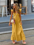 Purpdrank  Casual Loose Summer Vacation V-neck Short Sleeve Dress High Waist Long Skirt Women's Fashionable New Style Polyester Fabric