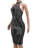 Purpdrank  Sexy see through rhinestone black summer dress women clothing backless club birthday party dress vestidos midi evening dresses