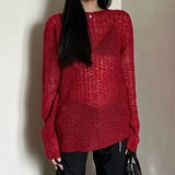 Purpdrank  Y2k Aesthetic Solid See Through Knitted Women T-shirt Vintage Cross Backless Sexy Grunge Tees Autumn Harajuku Loose Tops Femme