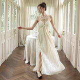 Purpdrank  French Style Pleated Floral Embroidered Slip DressvElegant Beach Vacation Dress