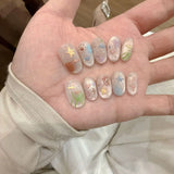 Purpdrank  10pcs Cute Cat Eye Fake Nails Spring Simple Press on Nails Removable Hand Drawn Heart Star Moon False Nails Short Oval Nail Art