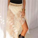 Purpdrank  Spring Sexy Lace Flowy Holiday Skirts Women Vintage Irregular Long Skirts Female High Waist Ruffle See Through Elastic Skirts