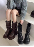 Purpdrank  Retro Mid-Calf  Boots Women's Long Boots Thi Bot ort Boots Korean Sle Spring Autumn Season Flat Heel PU Material