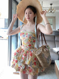 Purpdrank  Summer Floral Print Halter Dress Women's Beach Vacation Pure Desire Waist-Cinching Puffy Short Skirt Sexy Girl Style Midi Dress