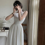 Purpdrank  High-end Women's Furnished French Waist-slim Long Skirt Light Luxury Texture Pure Sleeveless White Waist-disguised Dress Summer