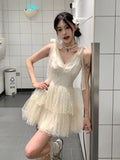 Purpdrank  French Style Elegant White Sleeveless Women's Dress Sweet V-neck Mesh Polka Dot Mini Dress Fashion Fairy Princess Party Outfits