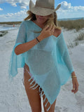 Purpdrank  Summer Slant Neck Batwing Sleeve Loose Women's Top Sexy Hollow Holiday Irregular T-shirt Tassel Splicing Solid Knitted Cover Up