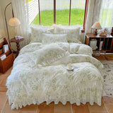 Purpdrank  100% Cotton Korean princess style Floral Lace Ruffles Bedding Set Duvet Cover Set Quilted Bed Skirt Fitted Sheet Pillowcases