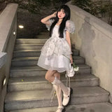 Purpdrank  Princess Style Floral Print Puffy Sleeve Short Dress Women's Summer Tea Break Waist Cinched Bubble Skirt City Walk Dress
