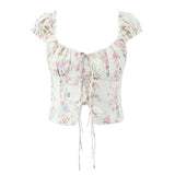 Purpdrank  Summer Puff Sleeve French Floral Printed Shirts Elastic Back Sexy Crop Tops Slim Short Top