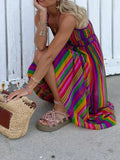 Purpdrank  Fashion Hollow Backless Bohemian Dresses Sexy Ladies V-Neck Sleeveless High Waist Long Dress Summer Beach Colorful Stripe