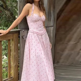 Purpdrank  Summer Sweet Pink Floral Print Dresses Women Sexy Sleeveless Hanging Neck Slim fit Long Dress 2025 Casual Beach Vacation Outfit