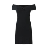 Purpdrank  Sexy Ruched Bow Chest Off Shoulder Mini Dress Women Short Sleeve Package Hips Mini Robe Party Apricot Black