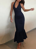 Purpdrank  Elegant Navy Blue Halter Mermaid Long Dress Women Sexy Deep V Front Sleeveless Backless Slim Bodycon Evening Party Gown