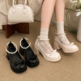 Purpdrank  Elegant Pearls Chain High Heels Mary Jane Shoes Women 2025 Bowknot Thick Heel Pumps Woman Round Neck Patent Leather Party Shoes