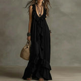 Purpdrank  Women's Boho Ruffle Irregular Hem Maxi Dress Spring Deep V Neck Loose Party Long Dresses New Summer Sleeveless Solid Beach Dress