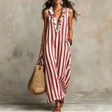 Purpdrank  Boho Striped Print Loose Maxi Dress Women Summer Fashion Sleeveless V-neck Long Dresses Elegant