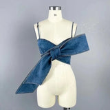 Purpdrank  Sexy Bowknot Vintage Denim Two Piece Women Pants Outfit 2025 Fashion Strapless Cropped Top and Wige Leg Straight Jeans Pant Sets