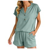 Purpdrank  Women Solid Color Two Piece Set V Neck Half Button Short Sleeve Top And High Waist Shorts With Pockets Soft Casual Office Suits