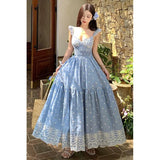 Purpdrank  Spring and Summer New High Waist Slimming Dreamcatcher French Riviera Embroidery Backless Long Dress Women