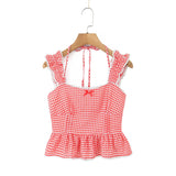 Purpdrank  Tie Bow Halter Plaid Spliced Lace Wood ears Strap Sexy Corset Women Tank Top Slim Waist Elastic Back Crop Top