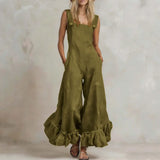 Purpdrank  New Summer Ruffle Hem Wide Leg Jumpsuit Women Button Square Neck Casual Loose Romper Retro Sleeveless High Waist Pocket Playsuit