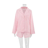 Purpdrank  Autumn Trend Retro Plaid Cardigan Long-sleeved Shorts Two-piece Foreign Trade Comfortable Home Wear