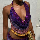 Purpdrank  Summer Elegant Deep V-neck Crop Top Women Fashion Colorful Shinny Sequined Beach Blouse Casual Sleeveless Hollow Party Tee