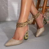 Purpdrank  Fashion Design Chain Ankle Strap Women Pumps Metal Strange Fretwork Heels Sandals Elegant Pointed Toe Wedding Bride Shoes