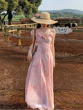 Purpdrank  Casual Light Pink Printed Sleeveless Dress Beach Fashion Y2K Vintage Chic Summer French Retro Elegant Chiffon Midi Dress Women