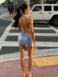 Purpdrank  Sexy Sequin Mini Skirts Outfits Women Slim V Neck Backless Sleeveless Lace Up Suits Female 2025 Summer Fashion Chic Beach Sets