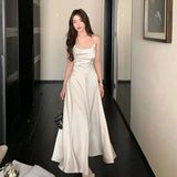 Purpdrank  Temperament Suspender Summer New Satin Slim Solid Color Versatile Elegant Dress