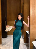Purpdrank  Vintage Peacock Blue Green Sleeveless Dress Qipao New Chinese Style Printed Long Elegant Floral Print Cheongsam Slim Morden