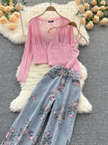 Purpdrank - Women Sweet Korean Pink Sweet 3 Pieces Set For Women Knitted Sling Vest +sunscreen+floral Print Wide Leg Denim Long Pants Suits