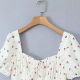 Purpdrank  Retro French Style Fruit Cherry Print Midi Long Dress Puff Sleeve Chest Ruched Bow Square Collar Hem Slit Swing Robe Fairy