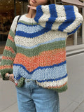 Purpdrank  Fashion Rainbow Stripes Print Jumpers Autumn Winter Elegant Soft Knitted Tops Casual O-neck Long Sleeve Loose Pullover Sweaters