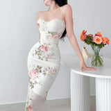 Purpdrank  Elegant Flower Print Suspender Dress Women Fashion Off Shoulder Backless Midi Dresses Chic Female Party Club Vestidos