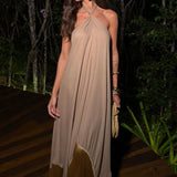 Purpdrank  Tassel Patchwork Irregular Long Dress 2026 Women Elegant Hanging Neck Solid Color Robe Dress Summer Off Shoulder Party Dresses