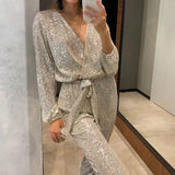 Purpdrank  Jumpsuit Women Sexy V Neck Sequins Long Sleeve Casual Belt Overalls Female High Waist Playsuit Elegant Ladies Party Club Romper