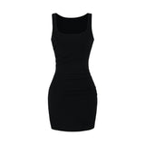 Purpdrank  Sexy U Collar Rib Knitted Cotton Short Tank Dress Women Ruched Waist Sleeveless Stretch Basic Package Hips Robe Vestido