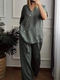 Purpdrank  Summer Fashion New Women's Elegant Cotton and Hemp Two Piece Set V-neck Loose Top Wide Leg Pants Commuter Set