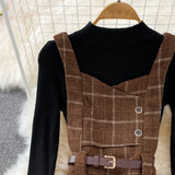 Purpdrank - High Quality Fall Winter Women Sweater Overalls Dress Sets Casual Knitted Tops +Plaid Woolen Dress 2 Piece Sets Outfits Female