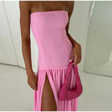 Purpdrank  Elegant Strapless Print Long Dress Women Off Shoulder Sleeveless Split Vestidos Female 2025 Summer Fashion Chic A Line Robe