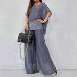 Purpdrank  Luxury High-end Women 2 Pieces Set Summer Chiffon O Neck Short Sleeve Beaded Patchwork Top Wide Leg Pant High Waist Trouser Suit