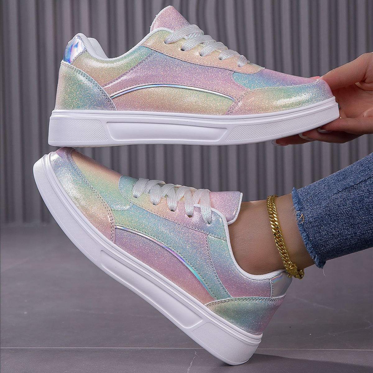Vibrant Rainbow Holographic Sequin Womens Sneakers - Lightweight, Breathable, Fabric Lined, PU Sole, Microfiber Synthetic Leather Upper - Perfect for Casual, Party, Wedding, Streetwear, and Trendy Fashion Enthusiasts