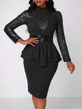 Vintage Chic Solid Sequin Long Sleeve Bodycon Pencil Dress - Tie Waist, Hip Hugging, Flattering Fit - Women's Clothing, Perfect for Party, Night Out, or Special Occasion