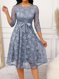 Contrast Lace Three-quarter Sleeve Dress, Elegant Crew Neck Belted Dress For Spring & Fall, Women's Clothing