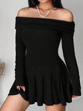 Elegant Plus Size Off Shoulder Dress for Women - Long Sleeve Solid Color Dress for Spring & Fall Seasons